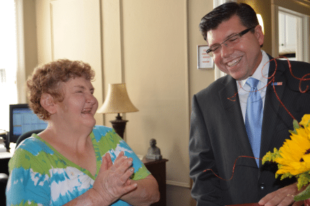 Anthony Bucco with a resident in Morristown