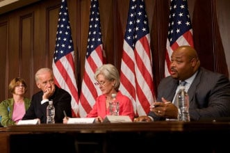 (Vice President Joe Biden and Secretary of Health and Human Services Kathleen Sebelius listen Perry Gaskins, a small business owner talks about rising health insurance costs his company is facing during a healthcare roundtable in room 350 of the EEOB, Friday, July 10, 2009. Official White House Photo by David Lienemann)