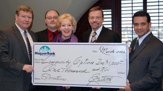 (from left to right): John S. Fitzgerald, President & CEO, Magyar Bank, Frank Lankey, Community Relations Specialist, Magyar Bank, Victoria Gorman, Vice President and New Brunswick Branch Manager, Robert Stack, President & CEO, Community Options & Jay E. Castillo, President, Magyar Bank Charitable Foundation