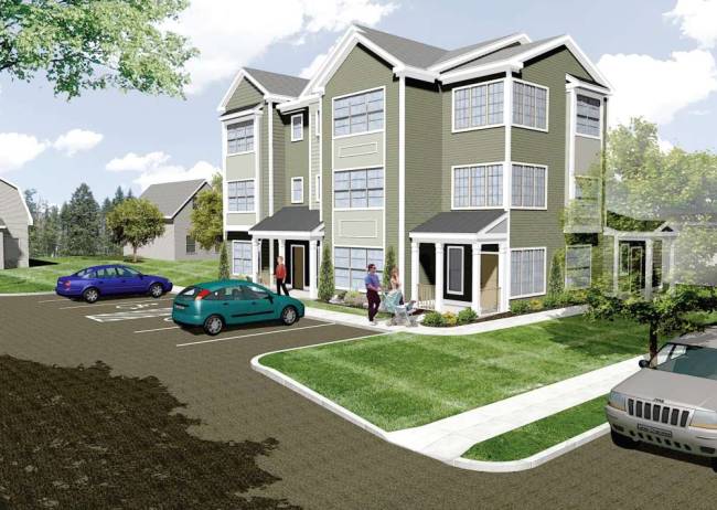 The dilapidated former American Legion hall on Lake Avenue, above, will be razed and replaced by low and moderate-income housing. An artist's rendering of the new housing slated for Lake Avenue is pictured.