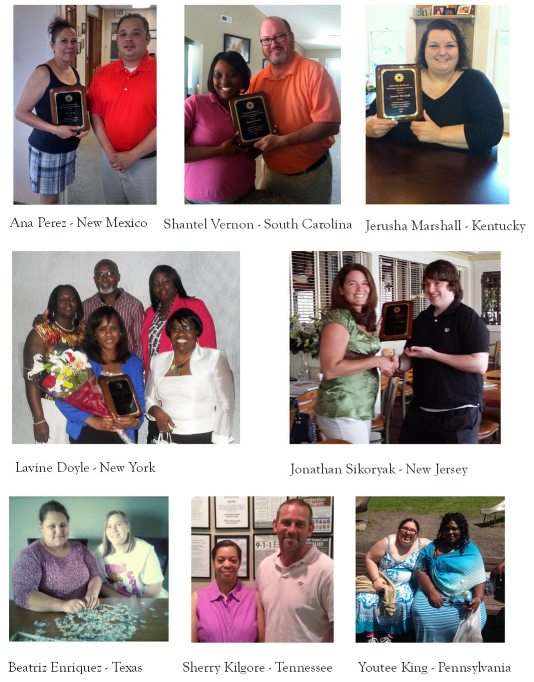 Left to right, top to bottom; Ana Perez - New Mexico, Shantel Vernon - South Carolina, Jerusha Marshall - Kentucky, Lavine Doyle - New York, Jonathan Sikoryak - New Jersey, Beatriz Enriquez - Texas, Sherry Kilgore - Tennessee, Youtee King - Pennsylvania.