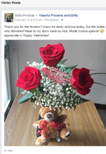 Thank you for the flowers! I know it's really cold out today, but the ladies who delivered these to my dorm were so nice. Made it extra special! 😊 appreciate it. Happy Valentines!