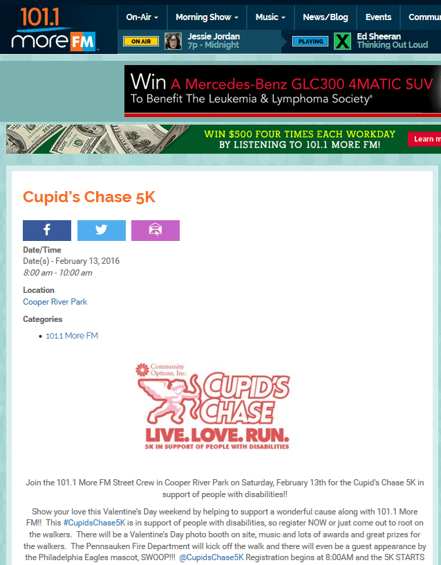 2016CupidsChaseLogo_wslogan_5k_10k  Join the 101.1 More FM Street Crew in Cooper River Park on Saturday, February 13th for the Cupid’s Chase 5K in support of people with disabilities!