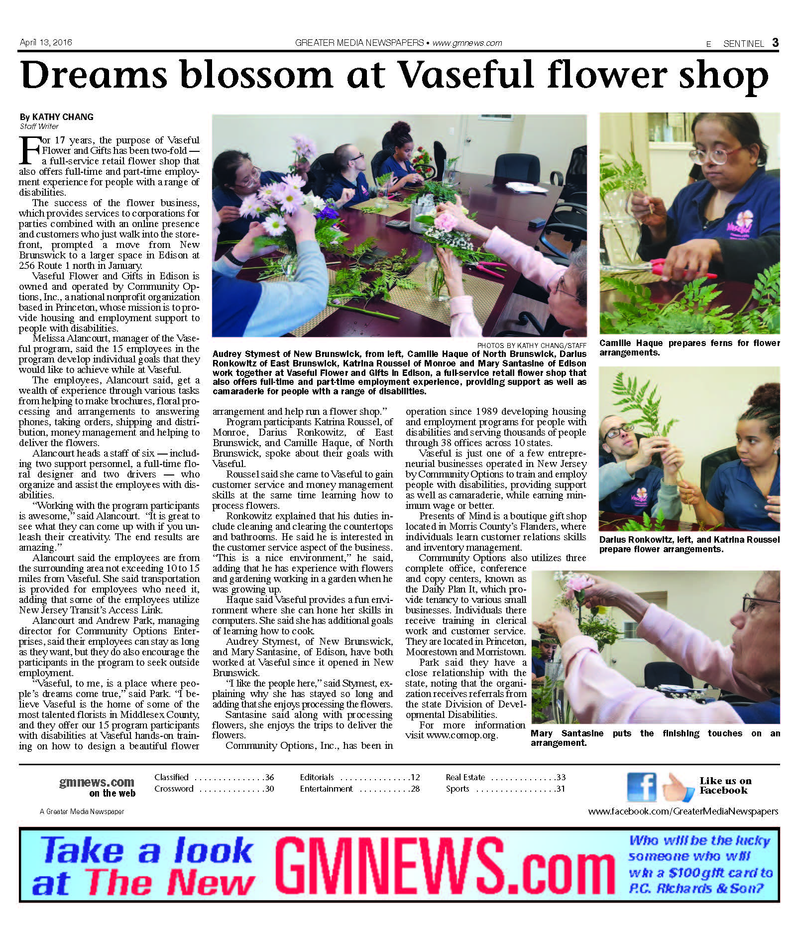 Audrey Stymest of New Brunswick, from left, Camille Haque of North Brunswick, Darius Ronkowitz of East Brunswick, Katrina Roussel of Monroe and Mary Santasine of Edison work together at Vaseful Flower and Gifts in Edison, a full-service retail flower shop that also offers full-time and part-time employment experience, providing support as well as camaraderie for people with a range of disabilities.