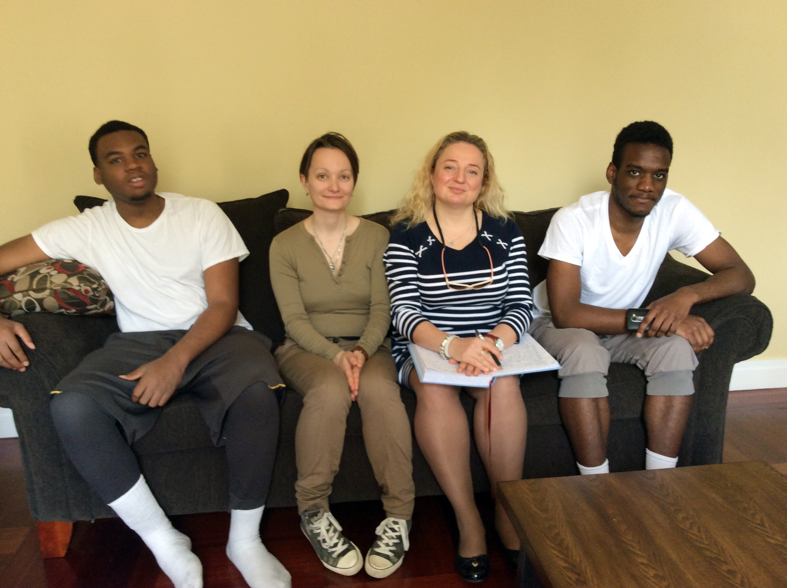 Caption from L to R:  Resident Anthony R.; Maria Khadeeva, Founder of Livefund; Elena Beregovaya, Director of The Vladimir Smirnov Foundation; Resident John H.