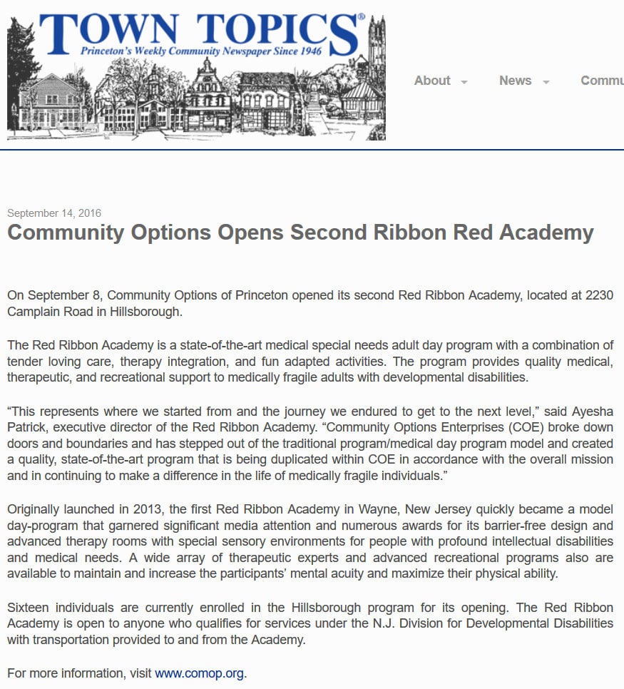 September 14, 2016 - Town Topics Newspaper. Community Options Opens Second Ribbon Red Academy