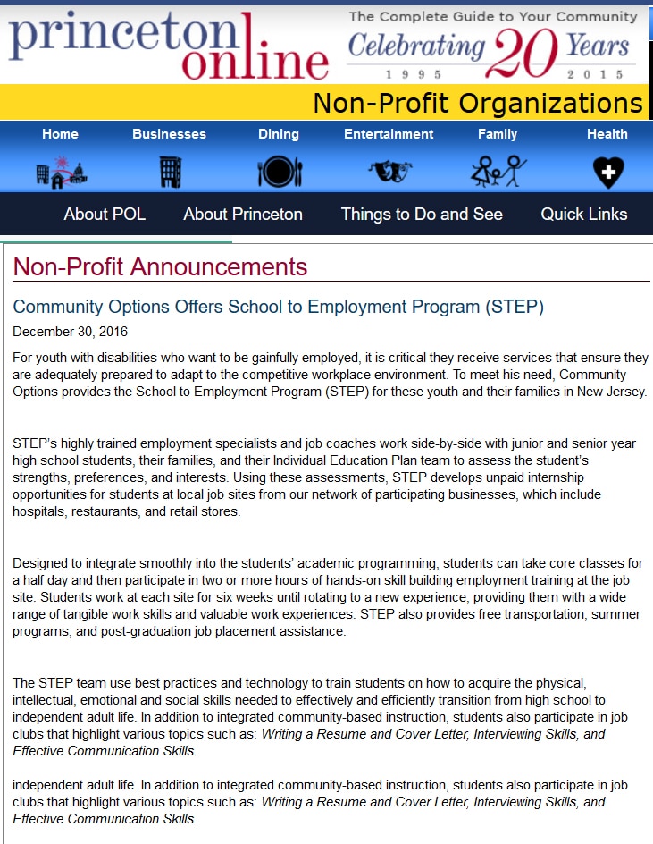 Princeton Online article - Community Options Offers School to Employment Program (STEP)