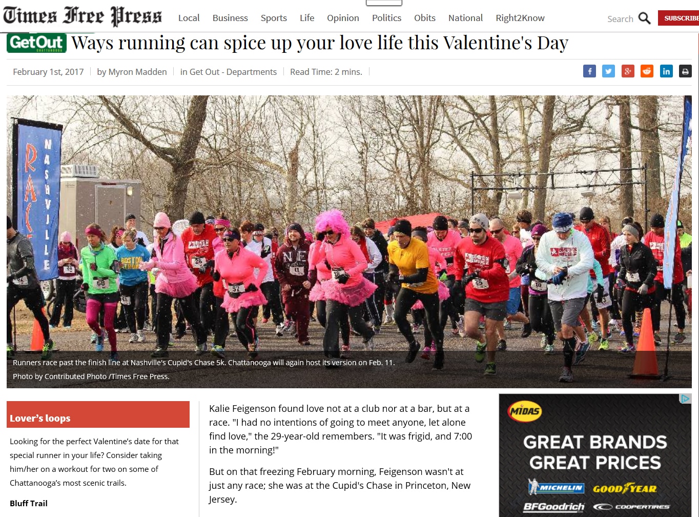 Runners race past the finish line at Nashville's Cupid's Chase 5k. Chattanooga will again host its version on Feb. 11.