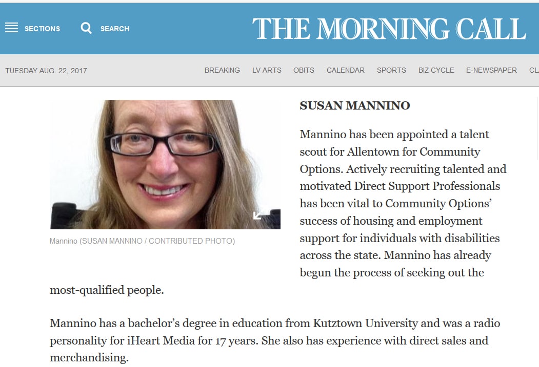 Mannino has been appointed a talent scout for Allentown for Community Options
