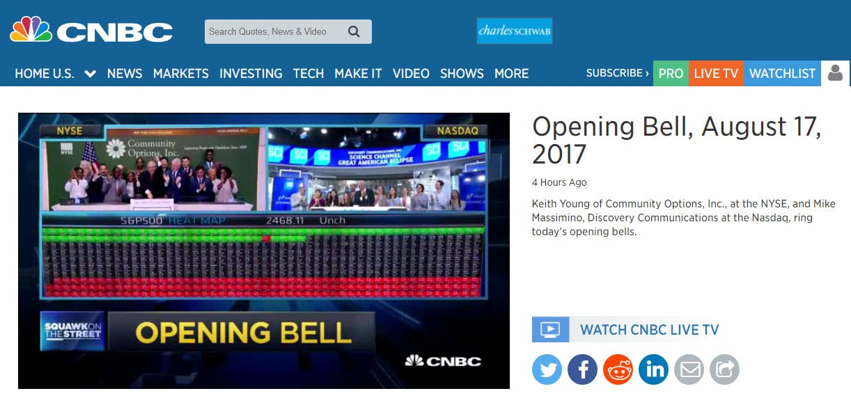 Keith Young of Community Options, Inc., at the NYSE, and Mike Massimino, Discovery Communications at the Nasdaq, ring today's opening bells.