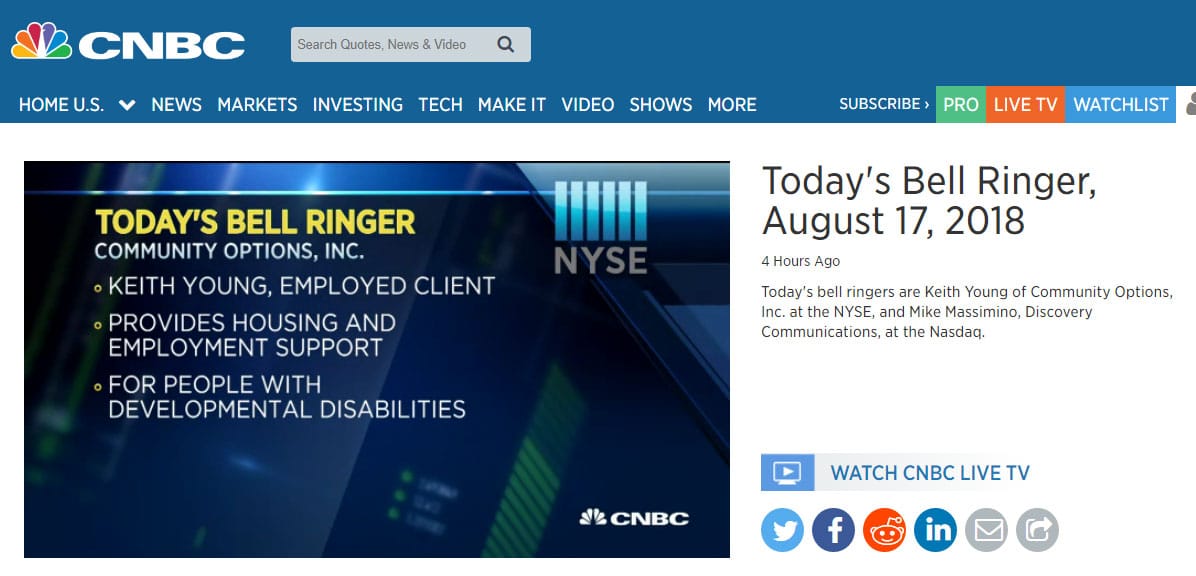 Today's bell ringers are Phil Lian, Board Member, of Community Options, Inc. at the NYSE, and Mike Massimino, Discovery Communications, at the Nasdaq.