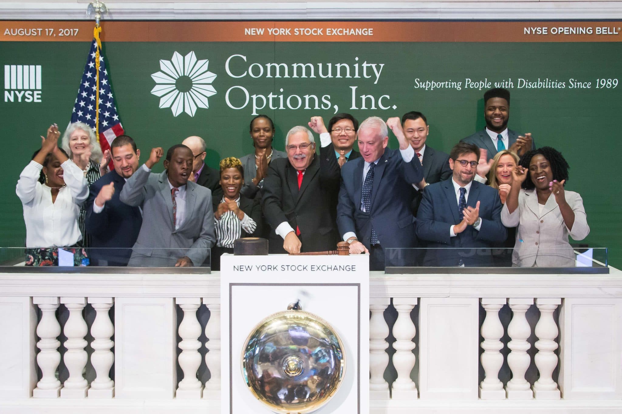 On Thursday, August 17, 2017, The New York Stock Exchange welcomes executives and guests of Community Options, Inc. to celebrate 10 years of providing housing and employment support to individuals with intellectual and developmental disabilities in South Carolina, Community Options will hold its 11th Annual iMatter Conference at the Francis Marion Hotel from September 24-27. To honor the occasion, Phil Lian,Board Member, rings the NYSE Opening Bell®.