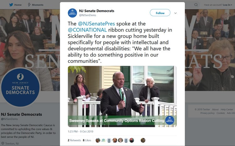 The @NJSenatePres spoke at the @COINATIONAL ribbon cutting yesterday in Sicklerville for a new group home built specifically for people with intellectual and developmental disabilities: "We all have the ability to do something positive in our communities".