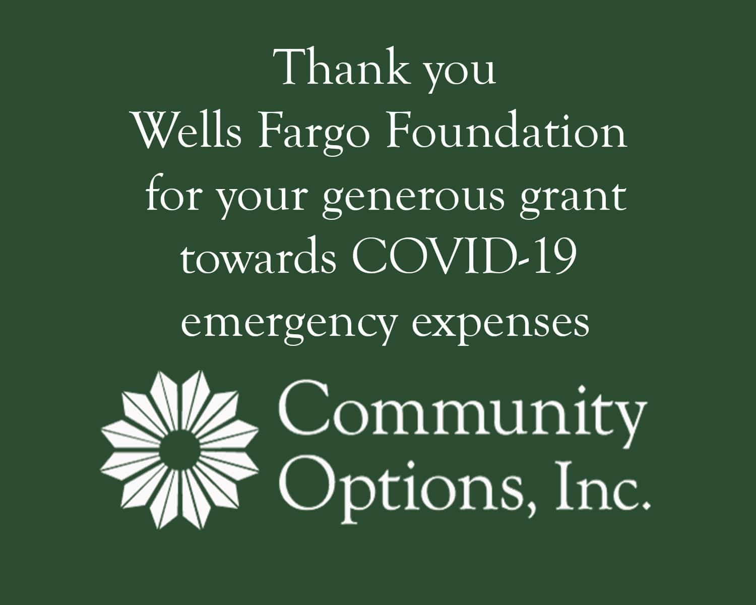 Thank you Wells Fargo Foundation for your generous grant towards COVID-19 emergency expenses