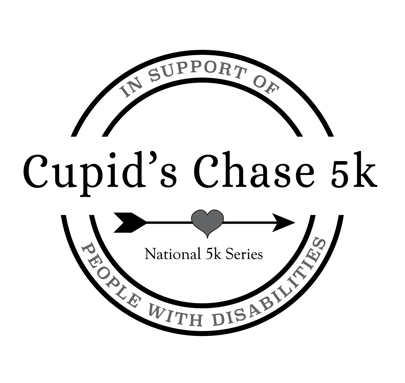 Cupid's Chase 5k Logo National 5k Series In support of people with disabilities - grayscale