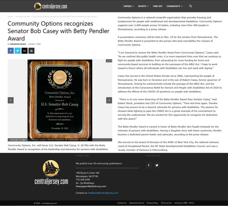 Community Options recognizes Senator Bob Casey with Betty Pendler Award