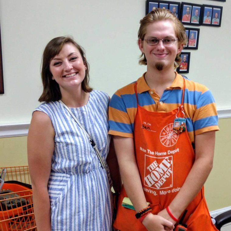 Ben proudly displaying his Homer Award Badge, which is reserved for the best Home Depot employees who go above and beyond.
