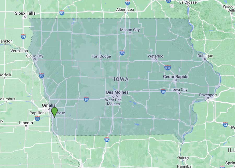 Iowa office coming soon. Map showing outline of the state of Iowa.