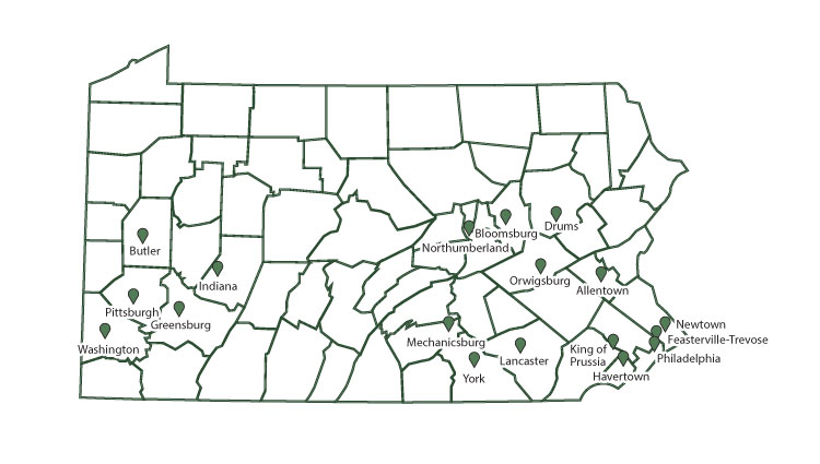 Map of Pennsylvania showing pinpoints at offices located at Allentown, Bloomsburg, Butler, Drums, Feasterville-Trevose, Greensburg, Havertown, Indiana, King of Prussia, Lancaster, Mechanicsburg, Northumberland, Orwigsburg, Philadelphia, Pittsburgh, Washington, York.
