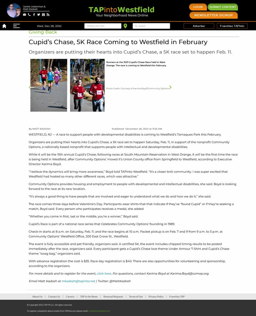 Cupid’s Chase, 5K Race Coming to Westfield in February - tapinto.net