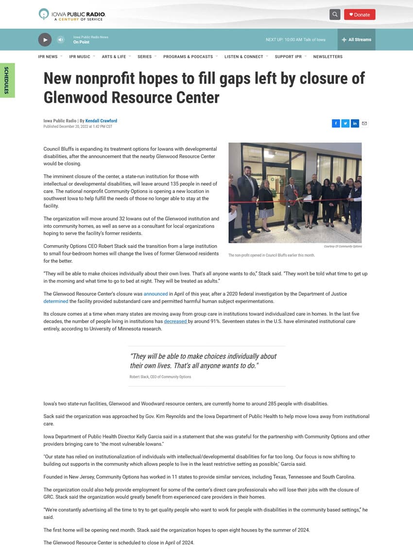 iowapublicradio.org Screenshot - New nonprofit hopes to fill gaps left by closure of Glenwood Resource Center