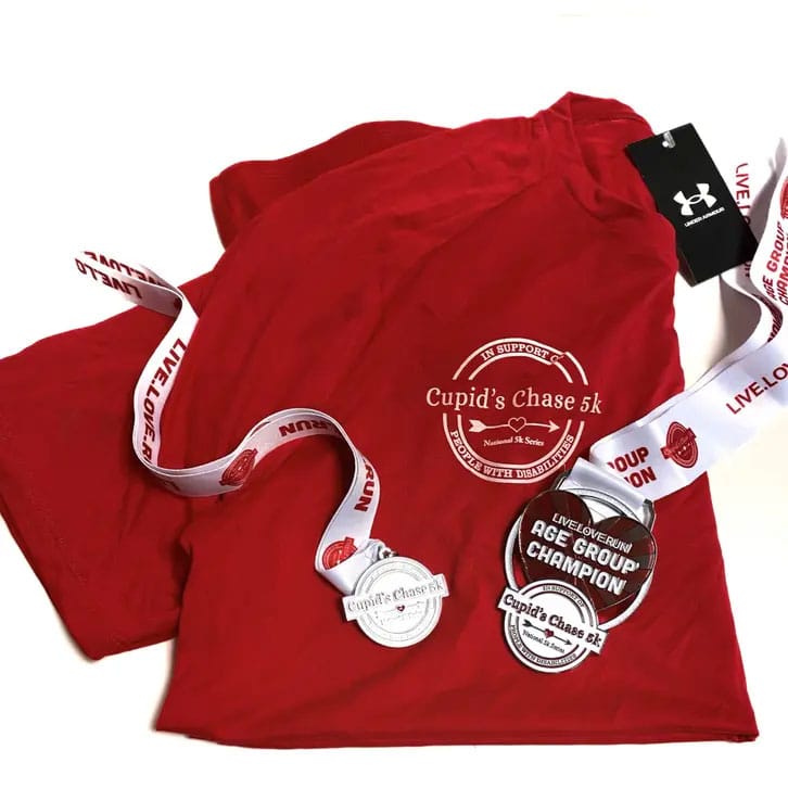 2023 Cupids Chase swag Red T-shirt two medals on lanyard