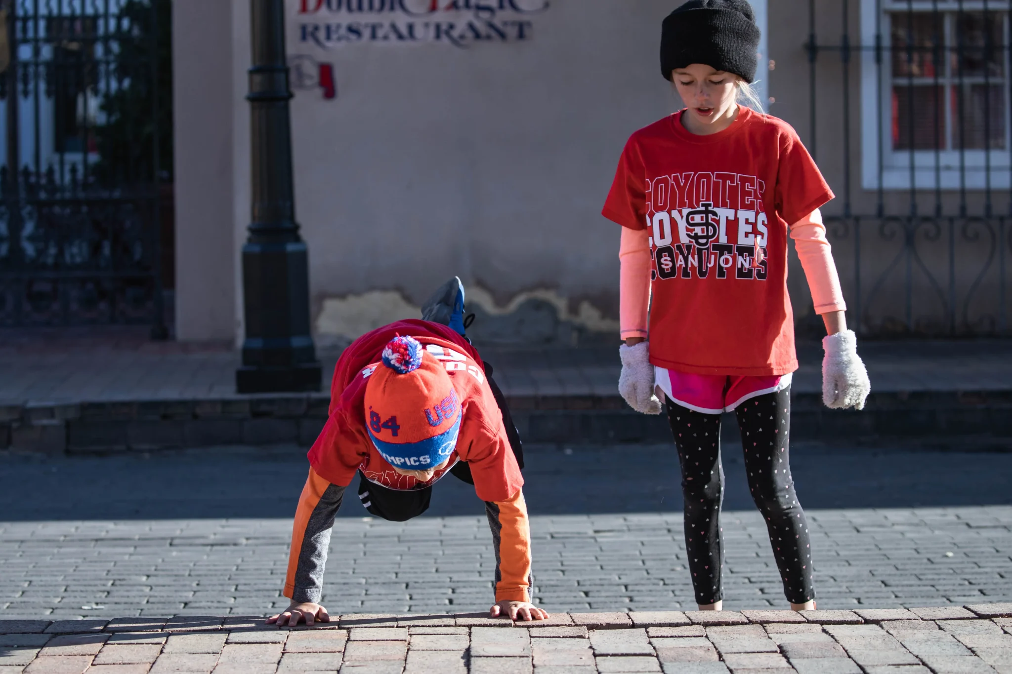 Kaycee and Cooper Younker get ready to run the Cupid's Chase 5K in Mesilla on Saturday, Feb. 12, 2022. Nathan J Fish/Sun-News - lcsun-news.com