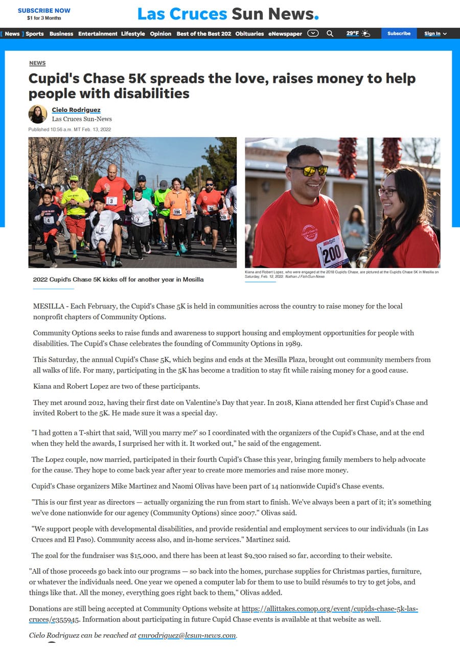 Las Cruces Sun-News - lcsun-news.com article - Cupid's Chase 5K spreads the love, raises money to help people with disabilities