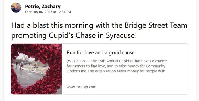 Zachary Petrie - Executive Director. Had a blast this morning with the Bridge Street Team promoting Cupid's Chase in Syracuse!