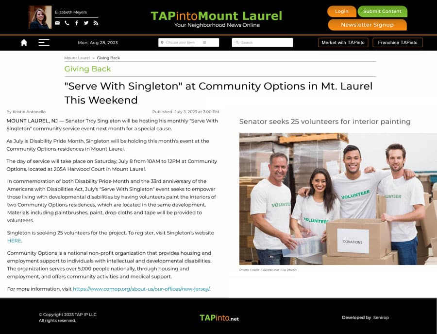 Serve With Singleton at Community Options in Mt. Laurel This Weekend - tapinto.net