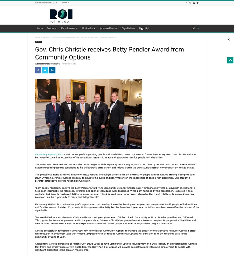 Gov. Chris Christie receives Betty Pendler Award from Community Options. - roi-nj.com