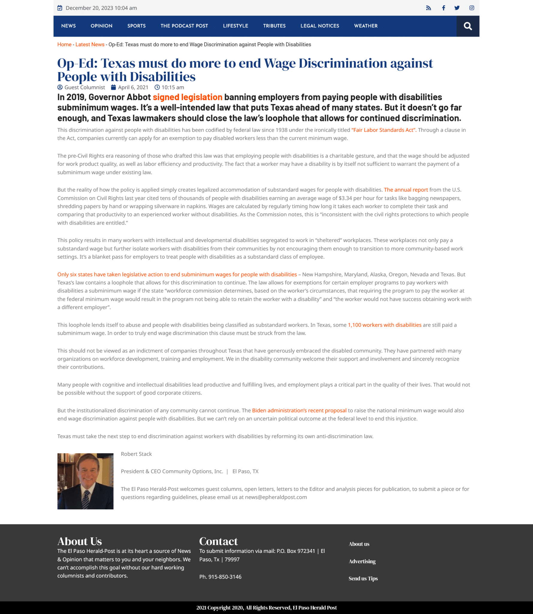 OpEd Texas must do more to end Wage Discrimination against People