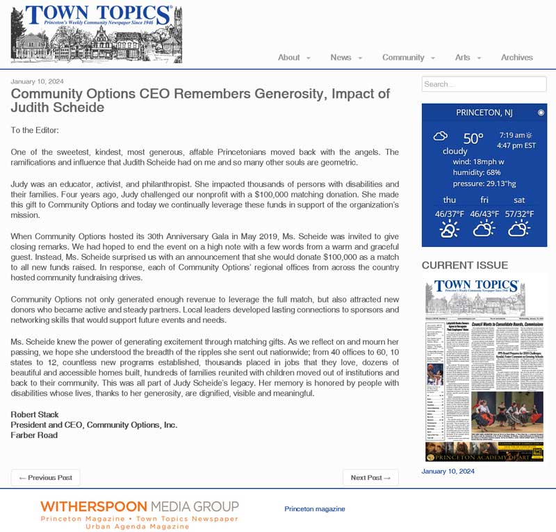 Community Options CEO Remembers Generosity, Impact of Judith Scheide - towntopics.com