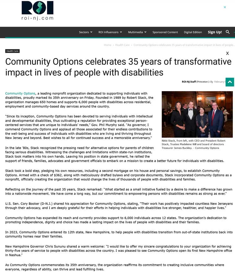 Community Options celebrates 35 years of transformative impact in lives of people with disabilities - roi-nj.com