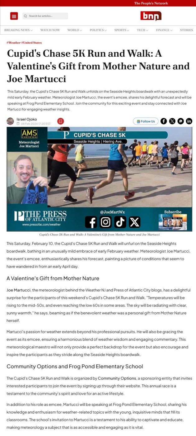 Cupid's Chase 5K Run and Walk: A Valentine's Gift from Mother Nature and Joe Martucci - bnnbreaking.com