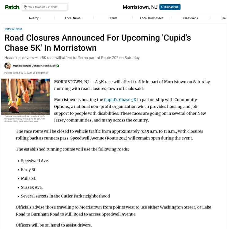 Road Closures Announced For Upcoming 'Cupid's Chase 5K' In Morristown - patch.com