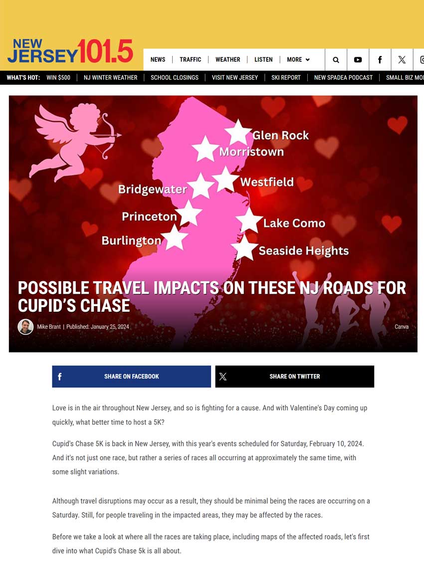 Possible travel impacts on these NJ roads for Cupid’s Chase - nj1015.com