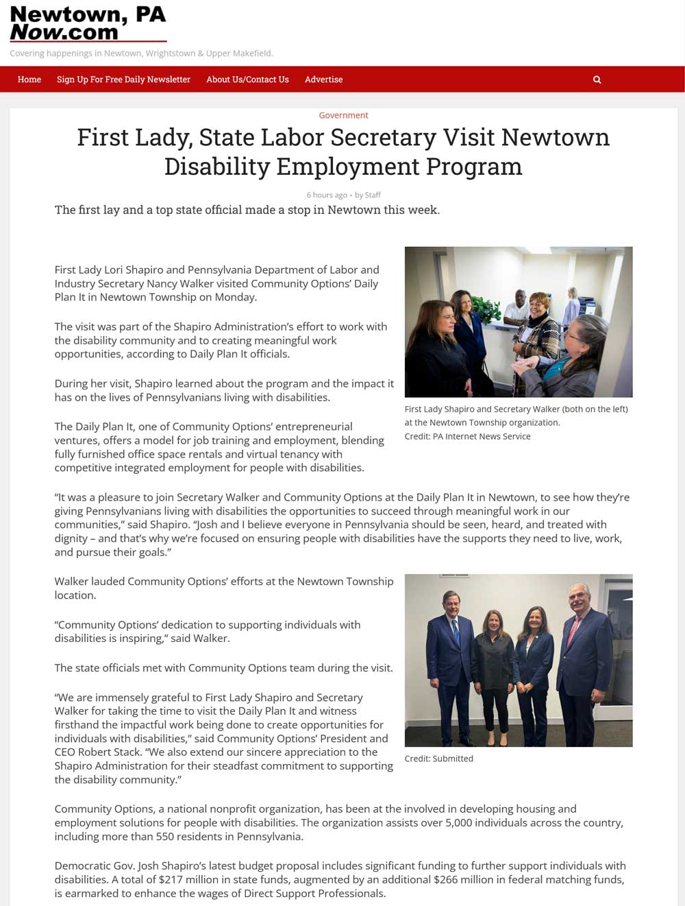First Lady, State Labor Secretary Visit Newtown Disability Employment Program - newtownpanow.com