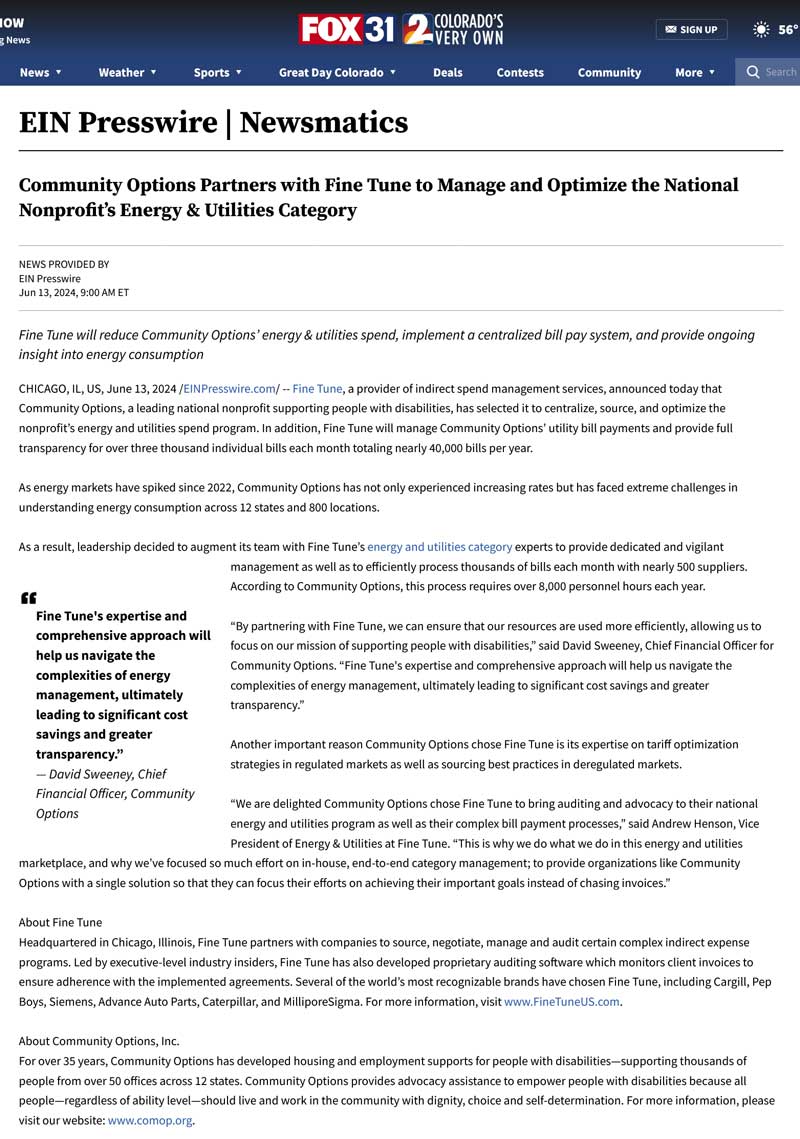 Community Options Partners with Fine Tune to Manage and Optimize the National Nonprofit’s Energy & Utilities Category - kdvr.com