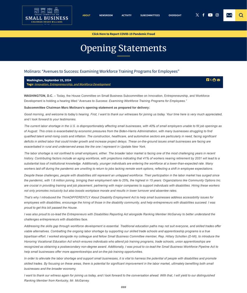 Molinaro: Avenues to Success: Examining Workforce Training Programs for Employees - smallbusiness.house.gov