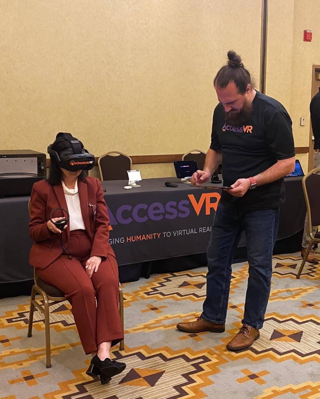 AccessVR Aaron Collegeman and Bridget Haney testing the virtual reality system