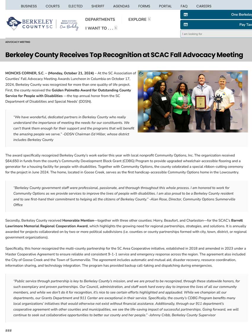 Berkeley County Receives Top Recognition at SCAC Fall Advocacy Meeting