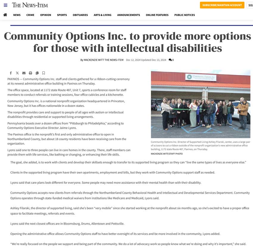 Community Options Inc. to provide more options for those with intellectual disabilities - newsitem.com
