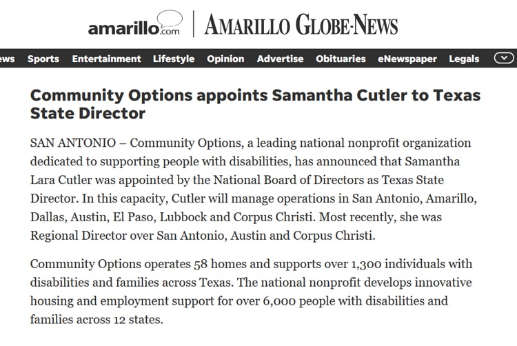 Community Options appoints Samantha Cutler to Texas State Director - amarillo.com