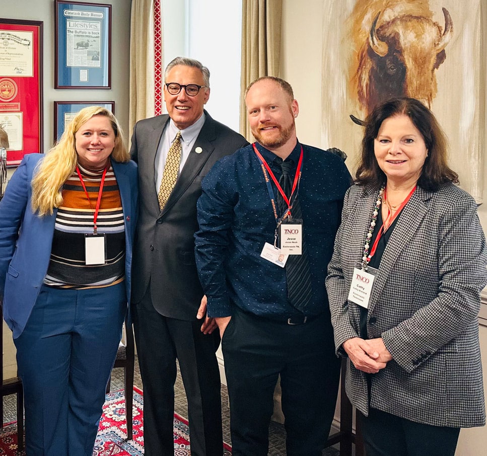 Mercedes Owens (Community Options, Inc.), State Rep. Greg Vital (R-TN-29), Jesse Nash (Easterseals Tennessee), and Cathy Greland (Easterseals Tennessee) at the Tennessee State Capitol on March 4, 2025, advocating for increased DSP wages and improved reimbursement rates.