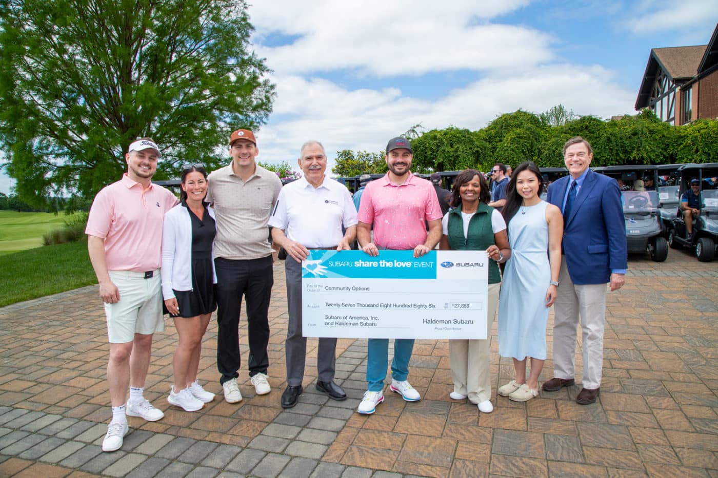 Community Options, a leading national nonprofit supporting people with disabilities, was presented a check for $27,886 from Haldeman Subaru as part of the national Subaru Share the Love Event. This was at the annual golf classic on Monday, May 19, 2025 at Union League Liberty Hill in Lafayette Hill, PA. Jake Tansley, Courtney Emmolo, Chris Silakoski of Haldeman Subaru, Phil Lian- Chairman of Community Options Enterprises, Ken Ruch General Manager of Haldeman Subaru, Dorothy Goodwin- Chair of Community Options, Yongxin Zhou- Director of Development, and Robert Stack- President and CEO
