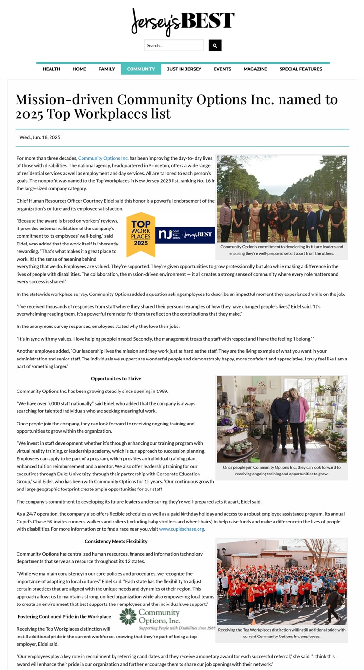 Mission-driven Community Options Inc. named to 2025 Top Workplaces list - jerseysbest.com